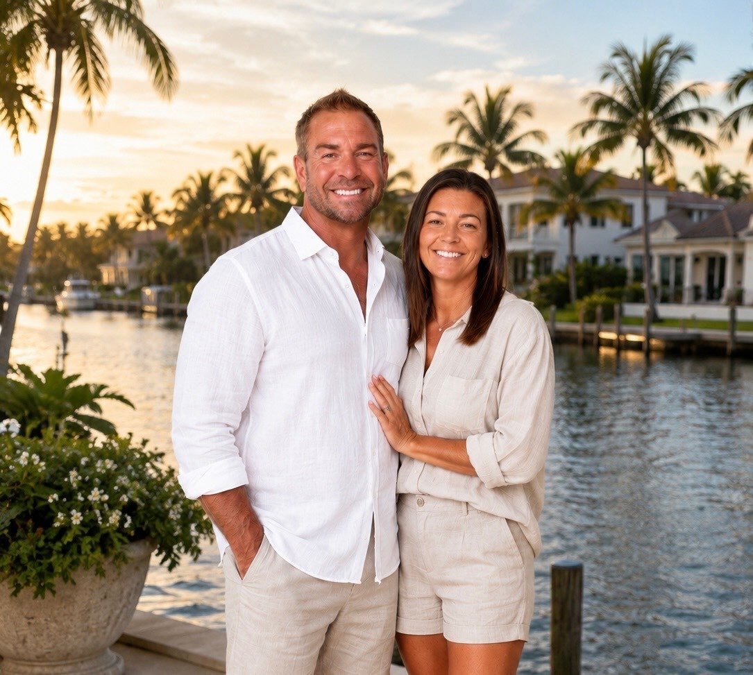 Will and Lexi McKenzie, founders of Pompano Build Co., on a Pompano Beach dock at sunset